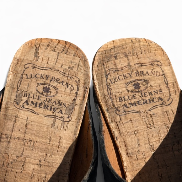 Lucky Brand Magnolia Cork Wedge Sandals Black Leather Slides Boho Comfort Size 8 - Picture 7 of 12